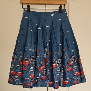 Novelty Blue Pleated Skater Skirt with British Cityscape Print